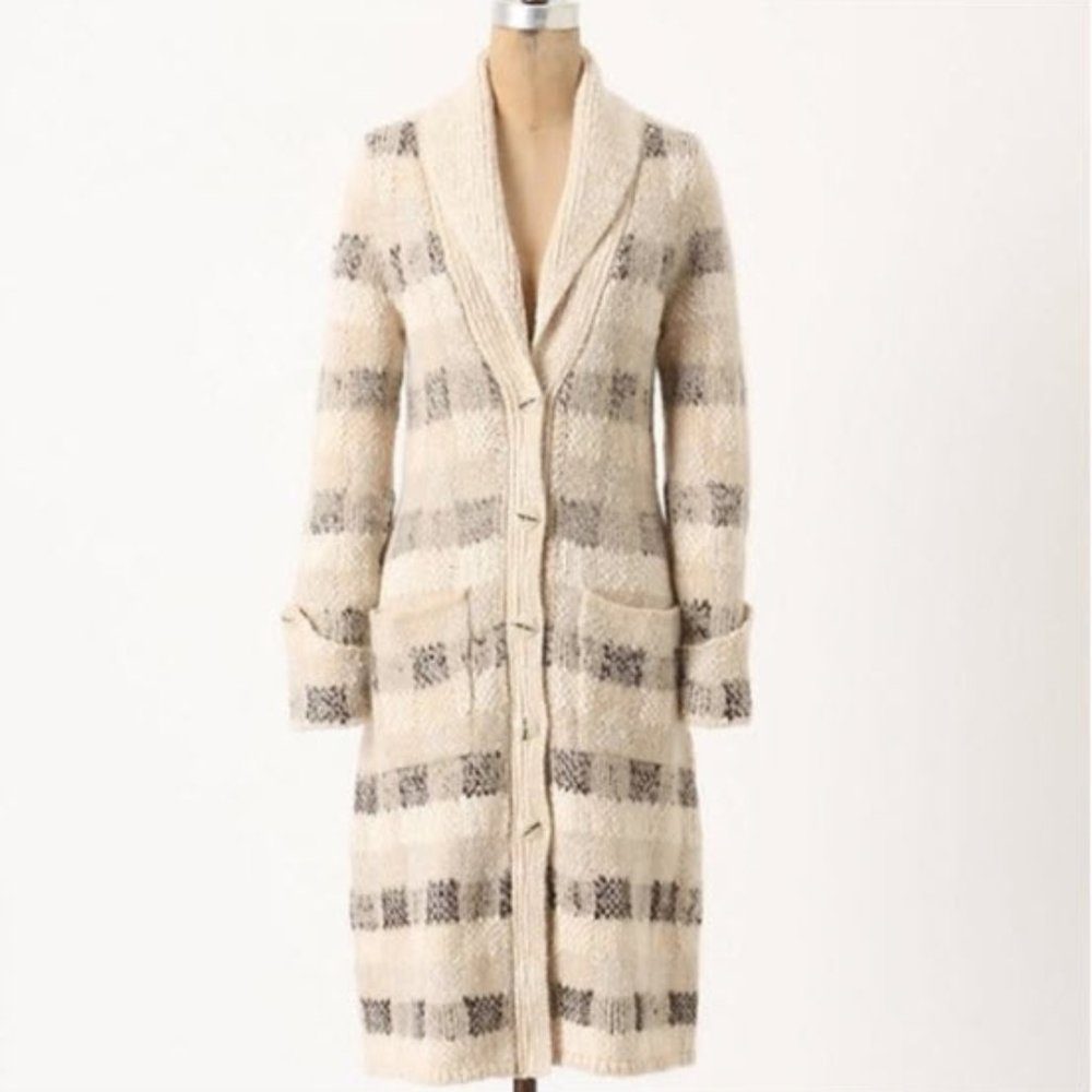 Anthropologie Far Away From Close Bent Plaid Sweater Duster Tan Size Small